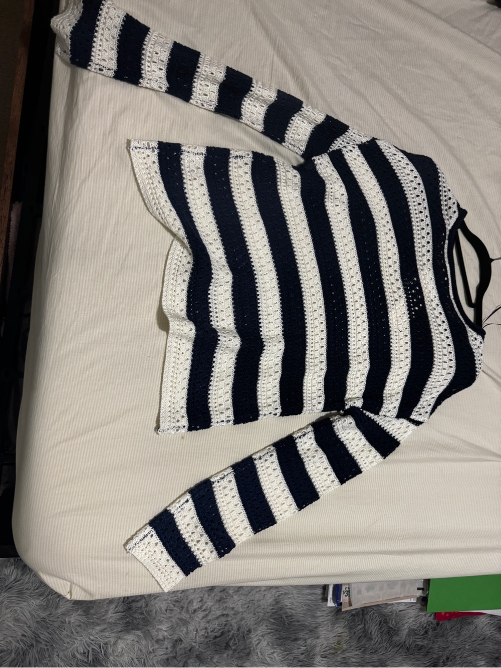 Striped Navy and White Crochet Sweater - Women's Lightweight Knit